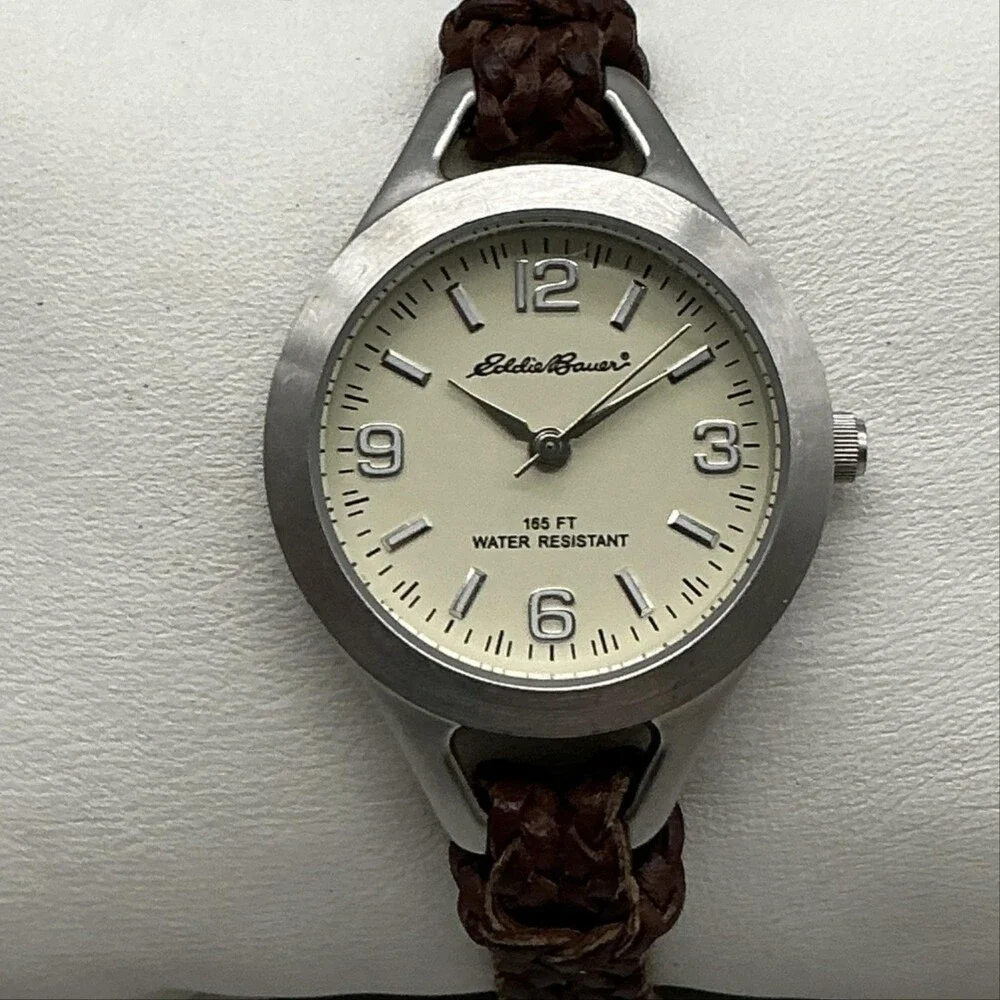 Eddie Bauer Womens Watch 27mm Cream Dial Brown Braided Leather New Battery 6.75